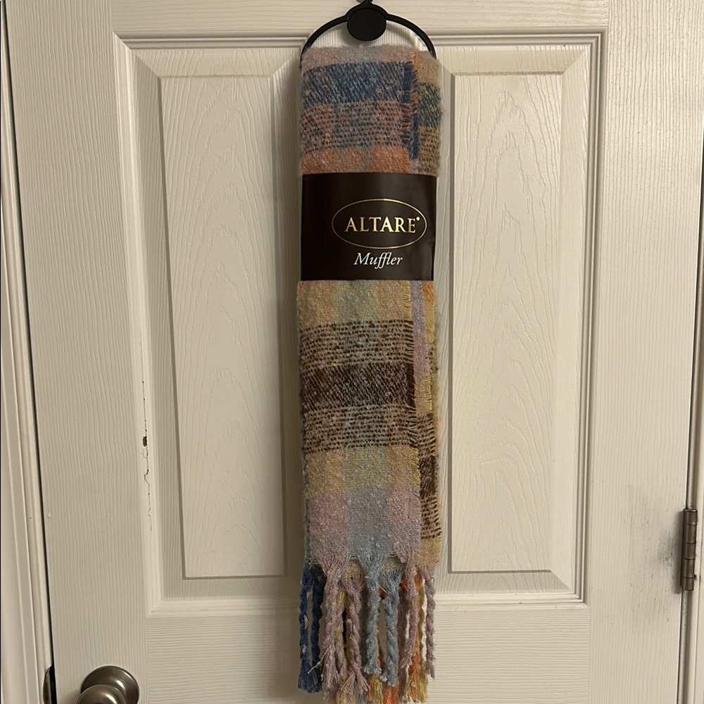 Altare Cream Blue Orange Plaid Muffler Scarf with Fringe Detail